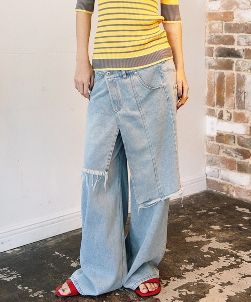 AULA AILA（アウラアイラ）の「オーバーラップスカートレイヤードデザインデニムパンツ（デニムパンツ・レディース・インディゴブルー/ライトブルー/ブラック・1/0）」の3枚目の写真