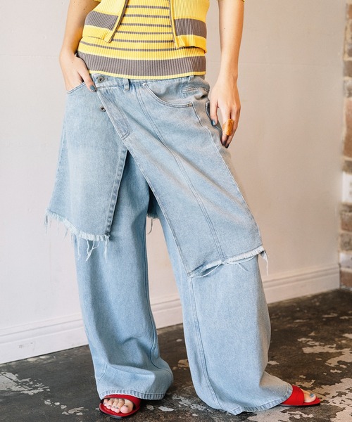 AULA AILA（アウラアイラ）の「オーバーラップスカートレイヤードデザインデニムパンツ（デニムパンツ・レディース・インディゴブルー/ライトブルー/ブラック・1/0）」の5枚目の写真