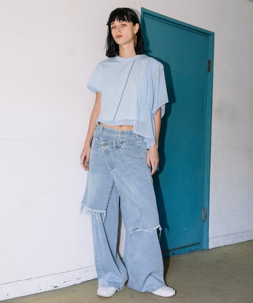 AULA AILA（アウラアイラ）の「オーバーラップスカートレイヤードデザインデニムパンツ（デニムパンツ・レディース・インディゴブルー/ライトブルー/ブラック・1/0）」の10枚目の写真