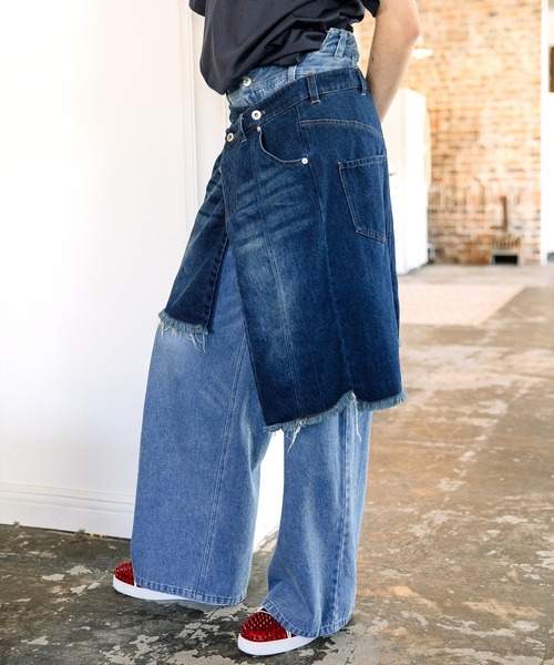 AULA AILA（アウラアイラ）の「オーバーラップスカートレイヤードデザインデニムパンツ（デニムパンツ・レディース・インディゴブルー/ライトブルー/ブラック・1/0）」の14枚目の写真