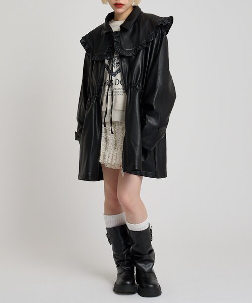 UNMINOU❤︎ モード フリル エコレザー ジャケット レディース 大人 上品 フリル袖フェイクレザージャケット almam-86025