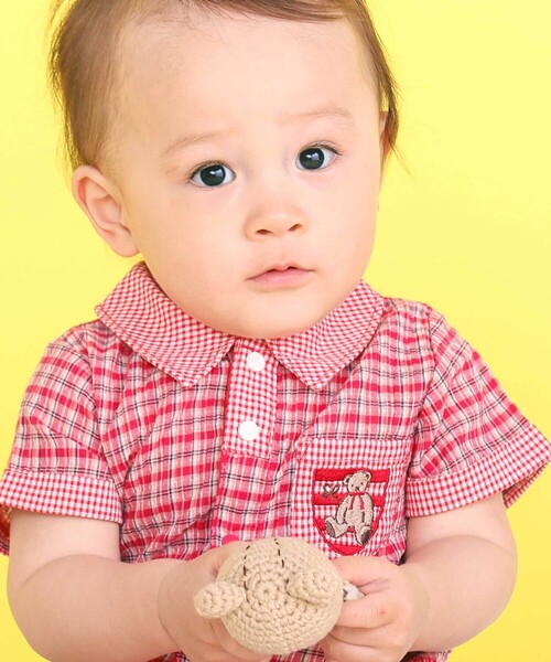 SLAP SLIP BABY（スラップスリップベビー）の「クマアニマル刺しゅう胸ポケット襟付きチェック半袖ロンパースベビー(70~80cm)（ロンパース・キッズ・ブルー系その他/レッド系その他・70cm/80ｃｍ）」の4枚目の写真