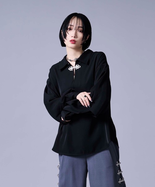 Ellno Loset（エルノロゼット）の「ソデレイヤードスキッパーチャイナシャツ（シャツ/ブラウス・メンズ・ブルーグレー/ブラック・MEDIUM/SMALL/LARGE）」の12枚目の写真