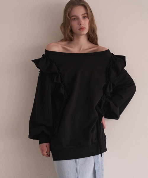 MIELI INVARIANT(ミエリインヴァリアント)の「Droopy Frill Sweat Tops(スウェット・レディース・ブラック/グレー・FREE)」の1枚目の写真