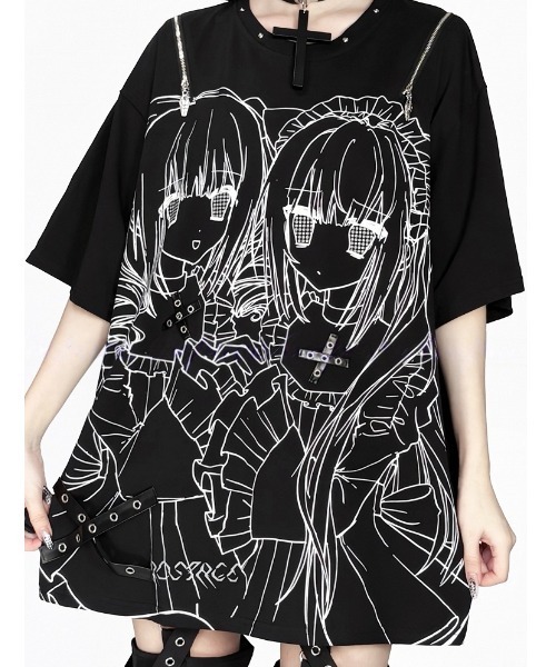 NOVESSEL（ノベセル）の「『AOSPACE/アオスペース』ショルダーZIP少女プリントTシャツ（Tシャツ/カットソー・レディース・ホワイト/ブラック・FREE）」の2枚目の写真