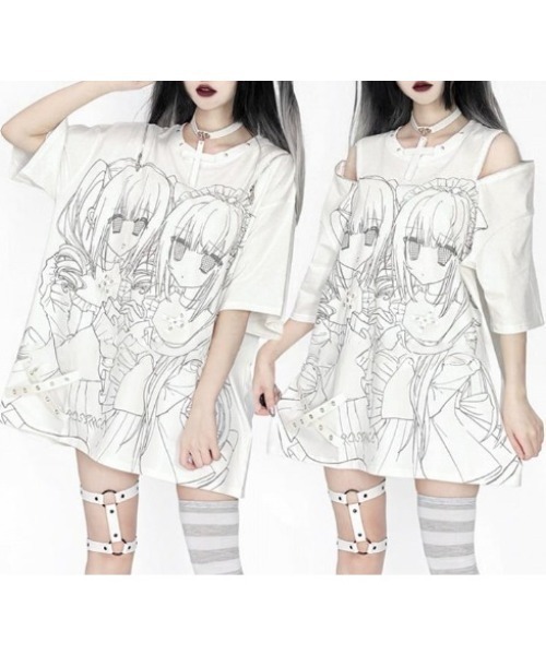NOVESSEL（ノベセル）の「『AOSPACE/アオスペース』ショルダーZIP少女プリントTシャツ（Tシャツ/カットソー・レディース・ホワイト/ブラック・FREE）」の7枚目の写真
