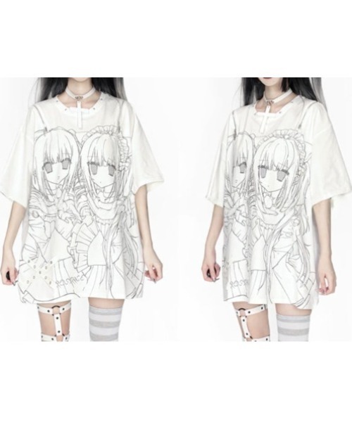 NOVESSEL（ノベセル）の「『AOSPACE/アオスペース』ショルダーZIP少女プリントTシャツ（Tシャツ/カットソー・レディース・ホワイト/ブラック・FREE）」の6枚目の写真