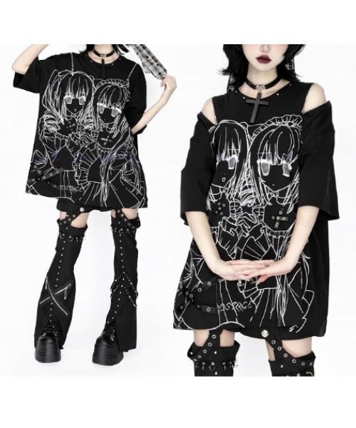 NOVESSEL（ノベセル）の「『AOSPACE/アオスペース』ショルダーZIP少女プリントTシャツ（Tシャツ/カットソー・レディース・ホワイト/ブラック・FREE）」の8枚目の写真