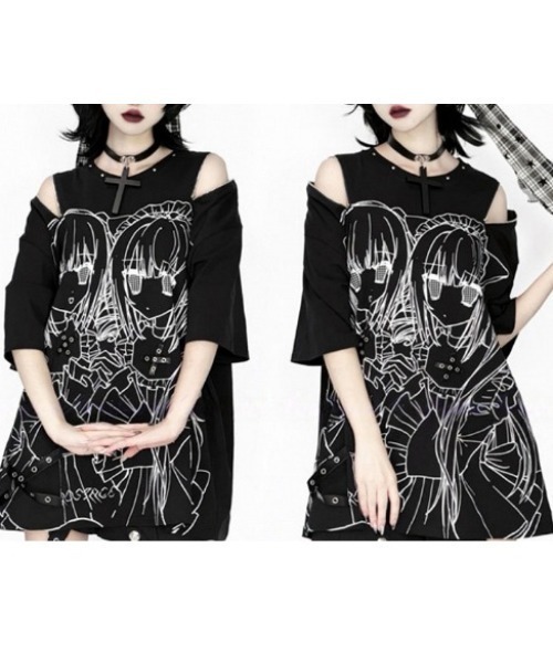 NOVESSEL（ノベセル）の「『AOSPACE/アオスペース』ショルダーZIP少女プリントTシャツ（Tシャツ/カットソー・レディース・ホワイト/ブラック・FREE）」の9枚目の写真