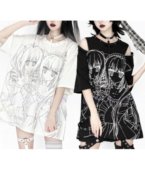 NOVESSEL（ノベセル）の「『AOSPACE/アオスペース』ショルダーZIP少女プリントTシャツ（Tシャツ/カットソー・レディース・ホワイト/ブラック・FREE）」の5枚目の写真