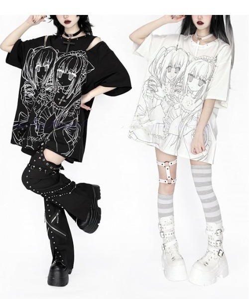 NOVESSEL（ノベセル）の「『AOSPACE/アオスペース』ショルダーZIP少女プリントTシャツ（Tシャツ/カットソー・レディース・ホワイト/ブラック・FREE）」の4枚目の写真