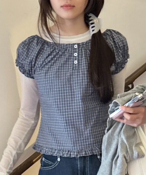 GIUNON(ジウノン)の「2way henley neck blouse / 2way ヘンリーネックブラウス(シャツ/ブラウス・レディース・グレー/ブルー/ホワイト・FREE)」の3枚目の写真