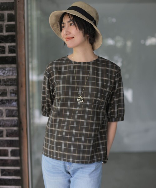 J.PRESS Ladies(J.プレス レディス)の「【一枚で着映え】キュプラチェック 5分袖 ブラウス(シャツ/ブラウス・レディース・ブラウン系3/ホワイト系3/ネイビー系3・XS)」の4枚目の写真