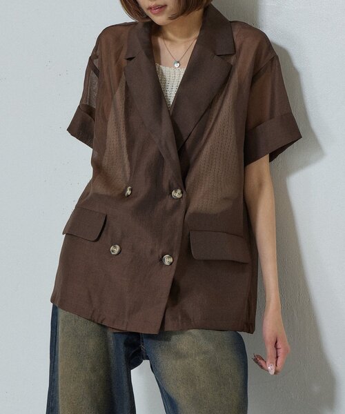 goocy(グーシー)の「半袖シアーテーラードジャケット(テーラードジャケット・レディース・グレイッシュベージュ/ライトベージュ/ブラック/ブラウン・FREE)」の2枚目の写真