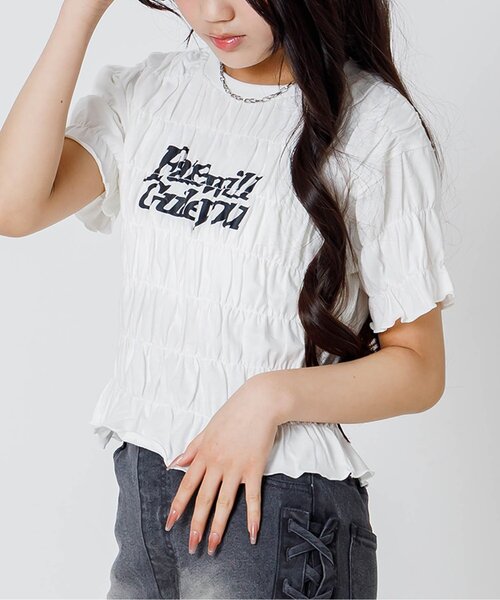 algy(アルジー)の「シャーリングロゴ半袖Tシャツ(Tシャツ/カットソー・キッズ・サックスブルー/グレー/オフホワイト・130/140/150/160)」の2枚目の写真