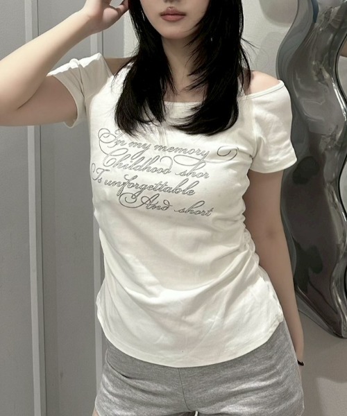 Never mind the XU / Chikashitsu+(ネバーマインド ザ エックスユー / チカシツプラス)の「【nmtc+】Bijou Halter Layered Tee / 【エヌエムティーシープラス】ビジューホルターレイヤードTシャツ(Tシャツ/カットソー・レディース・グレー/チャコール/ホワイト・ONE SIZE)」の4枚目の写真