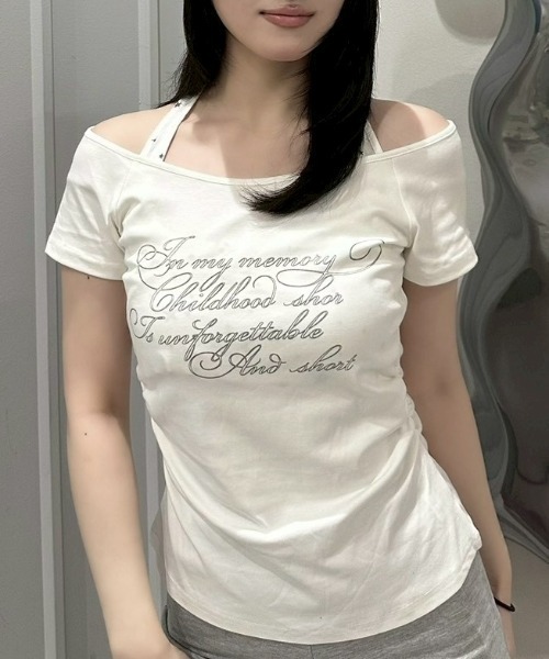 Never mind the XU / Chikashitsu+(ネバーマインド ザ エックスユー / チカシツプラス)の「【nmtc+】Bijou Halter Layered Tee / 【エヌエムティーシープラス】ビジューホルターレイヤードTシャツ(Tシャツ/カットソー・レディース・グレー/チャコール/ホワイト・ONE SIZE)」の6枚目の写真
