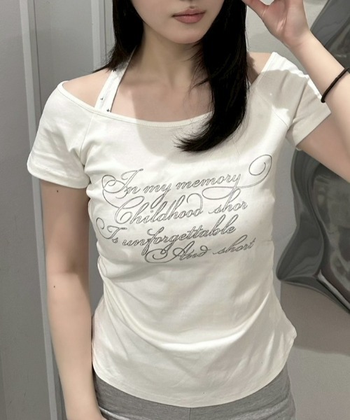 Never mind the XU / Chikashitsu+(ネバーマインド ザ エックスユー / チカシツプラス)の「【nmtc+】Bijou Halter Layered Tee / 【エヌエムティーシープラス】ビジューホルターレイヤードTシャツ(Tシャツ/カットソー・レディース・グレー/チャコール/ホワイト・ONE SIZE)」の5枚目の写真