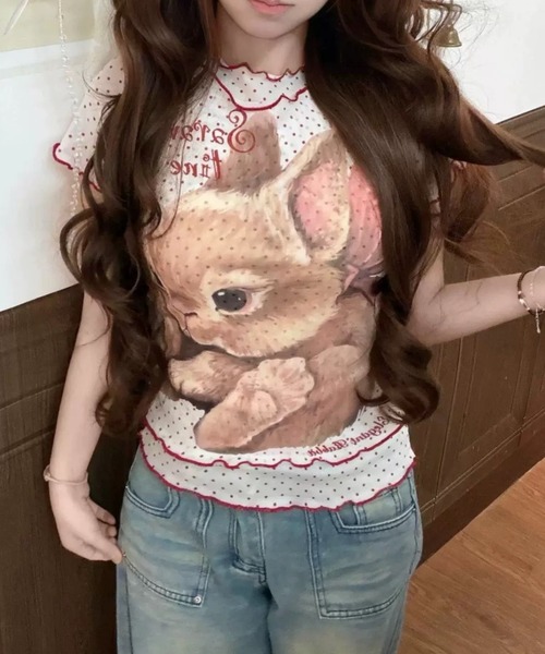 ViViDAY(ビビデー)の「フロントウサギプリント ドット柄シアートップス(Tシャツ/カットソー・レディース・アイボリー/ミント・M)」の1枚目の写真