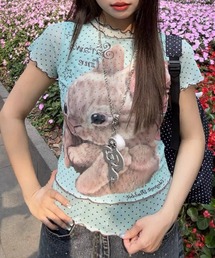 フロントウサギプリント ドット柄シアートップス