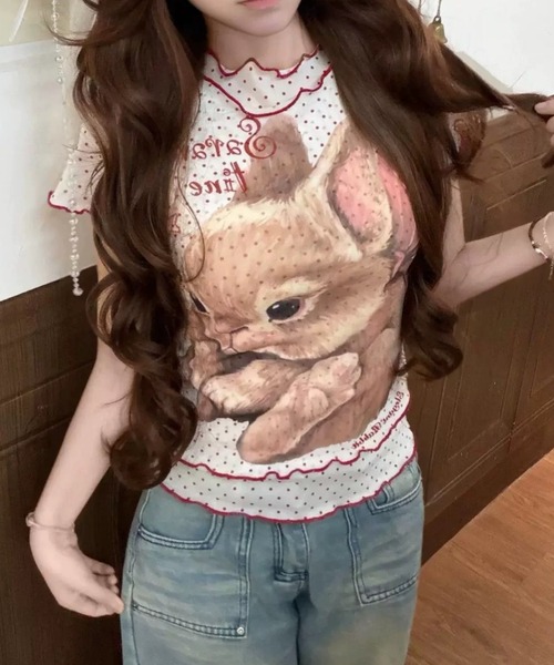ViViDAY(ビビデー)の「フロントウサギプリント ドット柄シアートップス(Tシャツ/カットソー・レディース・アイボリー/ミント・M)」の13枚目の写真