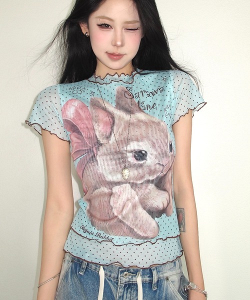 ViViDAY(ビビデー)の「フロントウサギプリント ドット柄シアートップス(Tシャツ/カットソー・レディース・アイボリー/ミント・M)」の8枚目の写真