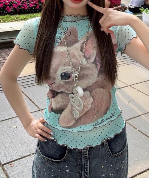 ViViDAY(ビビデー)の「フロントウサギプリント ドット柄シアートップス(Tシャツ/カットソー・レディース・アイボリー/ミント・M)」の5枚目の写真
