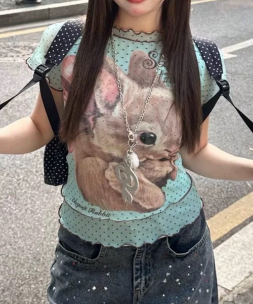 ViViDAY(ビビデー)の「フロントウサギプリント ドット柄シアートップス(Tシャツ/カットソー・レディース・アイボリー/ミント・M)」の4枚目の写真