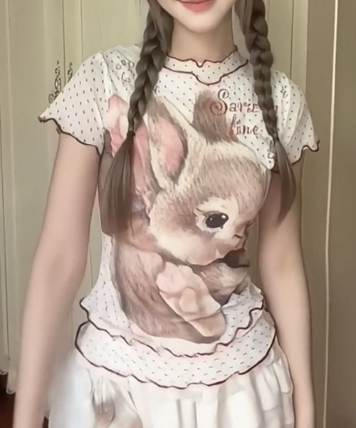 ViViDAY(ビビデー)の「フロントウサギプリント ドット柄シアートップス(Tシャツ/カットソー・レディース・アイボリー/ミント・M)」の12枚目の写真