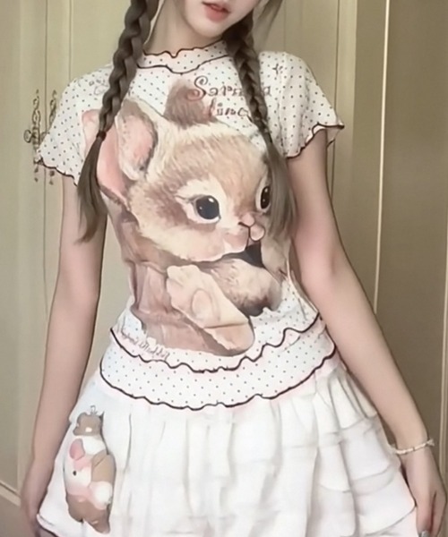 ViViDAY(ビビデー)の「フロントウサギプリント ドット柄シアートップス(Tシャツ/カットソー・レディース・アイボリー/ミント・M)」の10枚目の写真