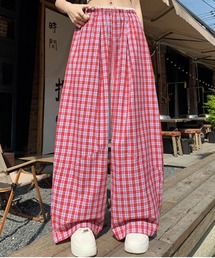 ウエストレイヤードイージーチェック柄カーブパンツ