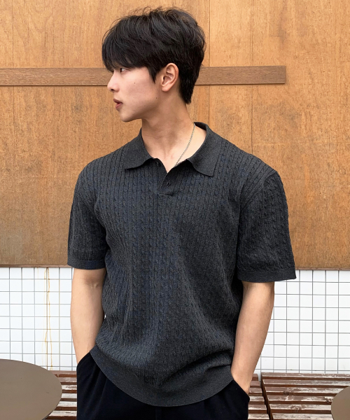MINDBRIDGE（マインドブリッジ）の「[ON]ウォッシャブルケーブルカラー半袖ニット - 2カラー（ニット/セーター・メンズ・チャコールグレー/ネイビー・100/110/95/105）」の9枚目の写真