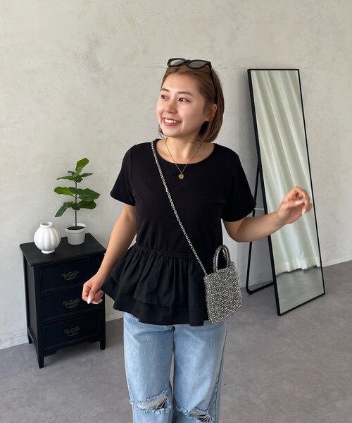 prose verse（プロズヴェール）の「【MOMO】裾フリルドッキングペプラムTシャツ（Tシャツ/カットソー・レディース・オフホワイト/ブラック系その他/ブラック・LARGE/MEDIUM）」の22枚目の写真