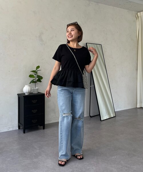 prose verse（プロズヴェール）の「【MOMO】裾フリルドッキングペプラムTシャツ（Tシャツ/カットソー・レディース・オフホワイト/ブラック系その他/ブラック・LARGE/MEDIUM）」の15枚目の写真