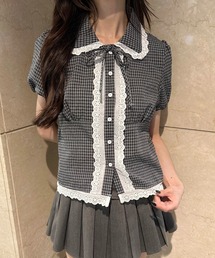 《ソンス/韓国ガーリー》レースパイピングコンパクトシャツ