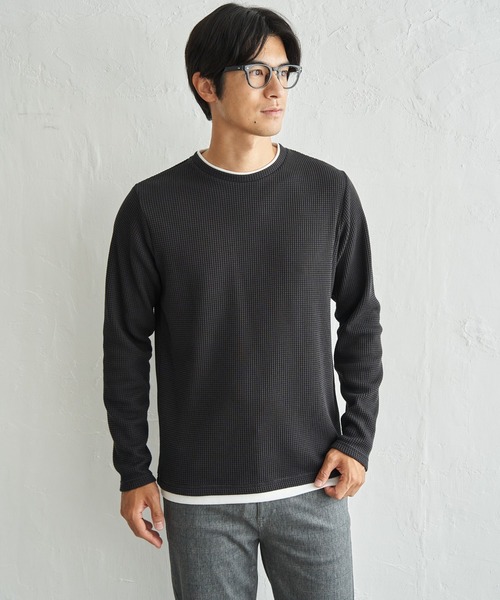 ikka(イッカ)の「ドライワッフルフェイクロンT【親子コーデ】(Tシャツ/カットソー・メンズ・ネイビー/グリーン/ブラウン/ブラック/ベージュ・XL/L/M)」の2枚目の写真