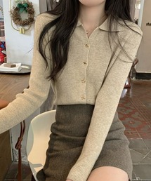 Vネックニット ゴールドボタンリブニットトップス カーディガン 長袖 オフィスカジュアル きれいめカジュアル 春服 秋服 冬服レディース重ね着韓国風