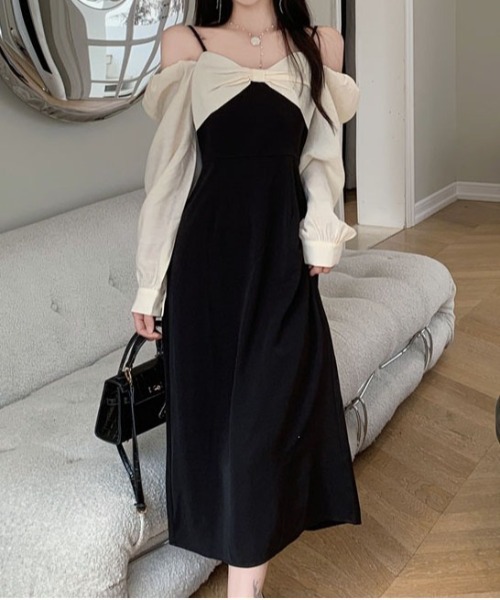 &soiree(アンドソワレ)の「リボンオフショルミディ丈ワンピース(ワンピース・レディース・ブラック・SMALL/X-LARGE/LARGE/MEDIUM)」の1枚目の写真