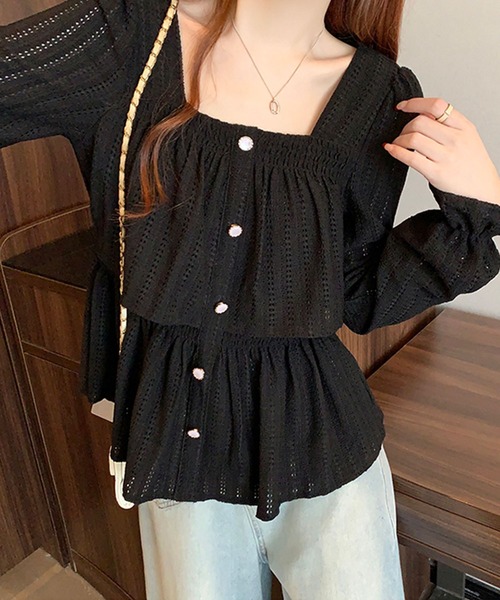 SpRay(スプレイ)の「【秋インナーにも/透け感】すかしスクエアロングスリーブトップス(Tシャツ/カットソー・レディース・ボルドー/ブラック/ベージュ/アイボリー/ブラウン・FREE)」の3枚目の写真