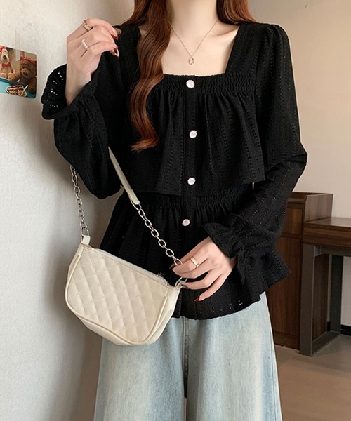SpRay(スプレイ)の「【秋インナーにも/透け感】すかしスクエアロングスリーブトップス(Tシャツ/カットソー・レディース・ボルドー/ブラック/ベージュ/アイボリー/ブラウン・FREE)」の18枚目の写真