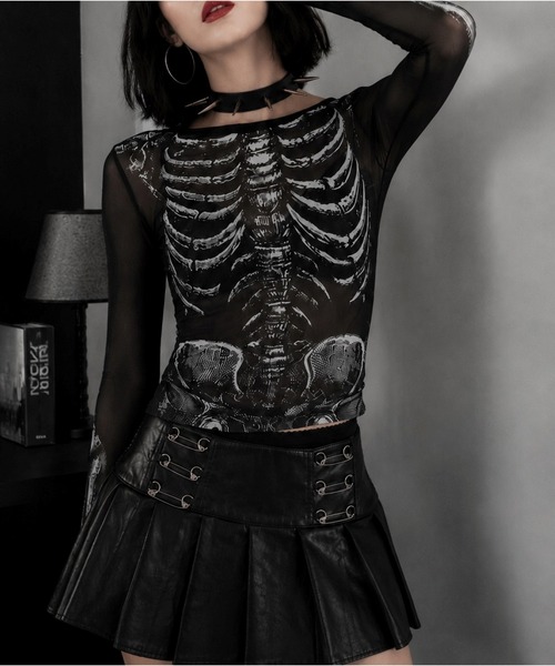 almo（アルモ）の「【Bls】 【ZL】【Bling Leads】ショート丈 ボーンプリント シアートップス(BL)（Tシャツ/カットソー・レディース・ブラック・FREE）」の3枚目の写真