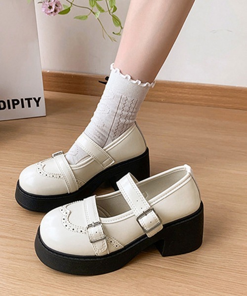 Miniministore(ミニミニストア)の「厚底メリージェーンダブルベルトローファー(ローファー・レディース・アイボリー/ブラック・24.0cm/23.5cm/23.0cm/22.5cm/24.5cm)」の1枚目の写真