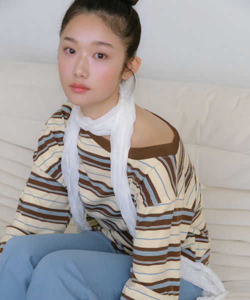 MELLOTORY（メロートリー）の「ワンショルダー ストライプ Tシャツ (クリーム)（Tシャツ/カットソー・レディース・クリーム・FREE）」の4枚目の写真