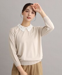 【衿取外し可/強撚加工/洗える】レース衿付きプルオーバーニット