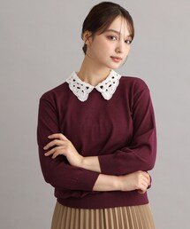 【衿取外し可／強撚加工／洗える】レース衿付きプルオーバーニット