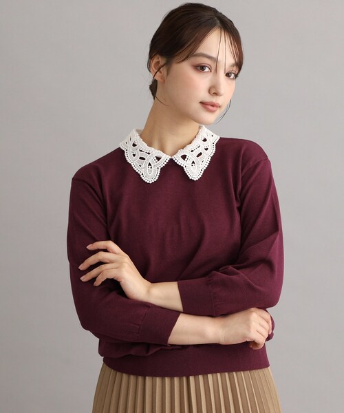 LAURA ASHLEY(ローラアシュレイ)の「【衿取外し可/強撚加工/洗える】レース衿付きプルオーバーニット(ニット/セーター・レディース・アイボリー/ボルドー/グレー/ブラック・38/40)」の4枚目の写真