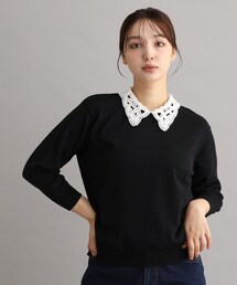 【衿取外し可／強撚加工／洗える】レース衿付きプルオーバーニット