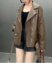 ベルト付きフェイクレザーライダースジャケット