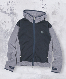 XTONZ（エクストーンズ）の「XTT171 ストライプミックス ワッフル ハイネック クロップドフード ジップアップ (NAVY)（パーカー）」