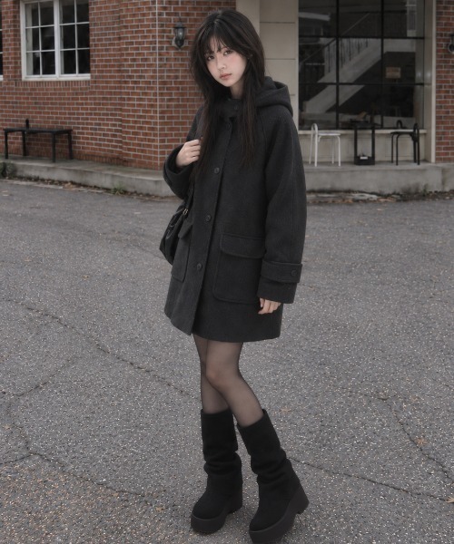 Aelina（エリナ）の「フード付きミドル丈ラグランスリーブメルトンコート（その他アウター・レディース・チャコールグレー・FREE）」の4枚目の写真
